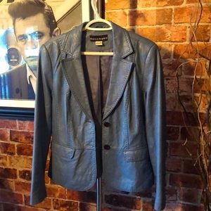 Dusty blue genuine leather fitted blazer jacket